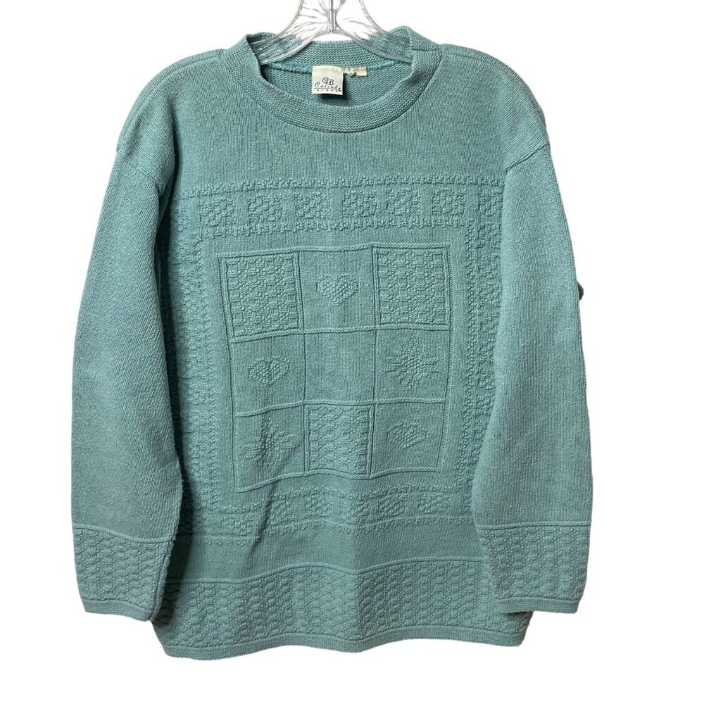Vintage 80’s Cascade Blues Sweater Light Blue Quilt Print Women’s Size Large